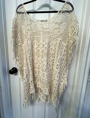 Ivory Lace Fringe Lightweight Geometric Scoop Neck Poncho 3X 100% Cotton